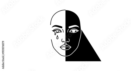 Abstract black and white minimalist illustration of a woman's face depicting emotional duality