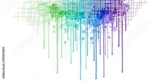 Vibrant rainbow grid drips on white background abstract colorful illustration with green blue purple hues