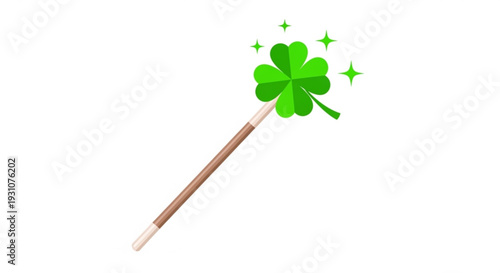 Four leaf clover magic wand with sparkling stars on white background symbolizing good luck and fortune