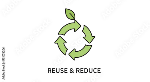 Green recycling symbol with arrows and leaf promoting reuse and reduce eco friendly practices on white background