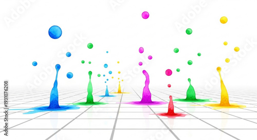 Colorful liquid splashes and balls on a grid background abstract creative concept with vibrant multicolored droplets