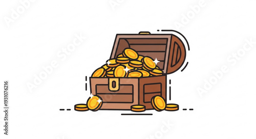 Treasure chest overflowing with gold coins on white background symbolizing wealth and prosperity