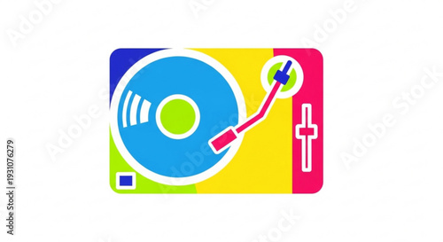 Colorful vinyl record player icon with plus sign on white background
