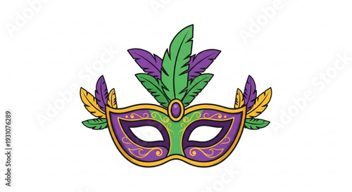 Vibrant mardi gras mask with purple green and gold feathers and decorations on white background