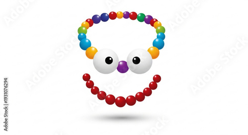 Colorful beaded smiley face with eyes and nose on white background symbolizing happiness and joy in a playful cartoonish style