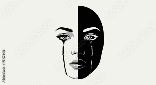 Sorrowful duality: a poignant monochrome illustration of a crying face split into contrasting halves