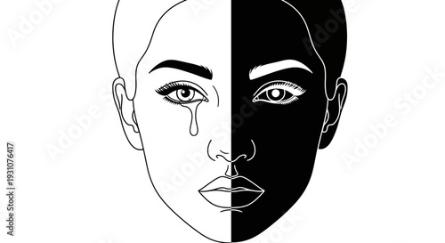 A poignant illustration of emotional duality in a woman's face, blending light and shadow to