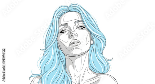 Minimalist line art portrait of a woman with vibrant blue flowing hair, a contemporary artistic
