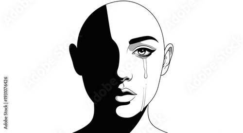 Striking monochrome portrait of a bald woman's face split by light and shadow with a tear