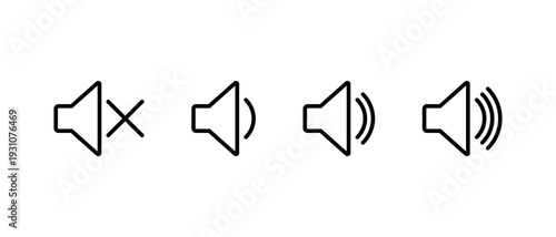 Speaker volume icon set. Mute to high sound symbol. Audio level sign. Editable stroke