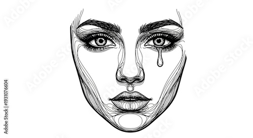 Intricate monochrome line art portrait of a woman's emotional face with a single falling tear