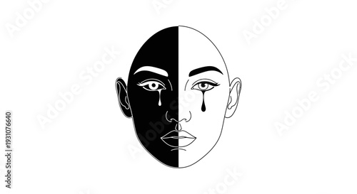 Striking graphic illustration of a face depicting profound emotional duality through stark contrast