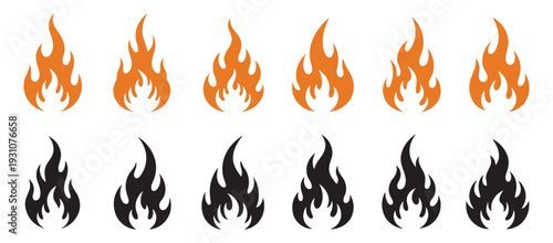 Collection of Flat Fire Flame Icons and Symbols, Heat, Energy, and Blaze Vector Set