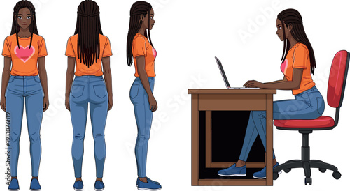 Black woman character design set with front back side views and sitting at desk working on laptop illustration
