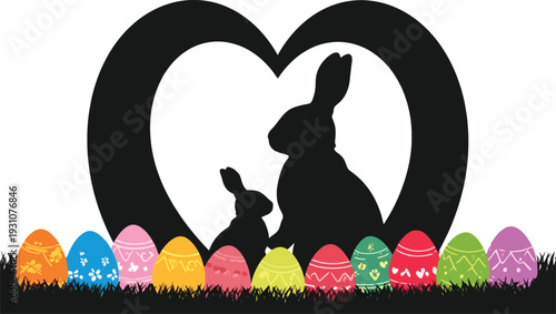 Silhouette of two rabbits inside a heart shape with colorful easter eggs below.