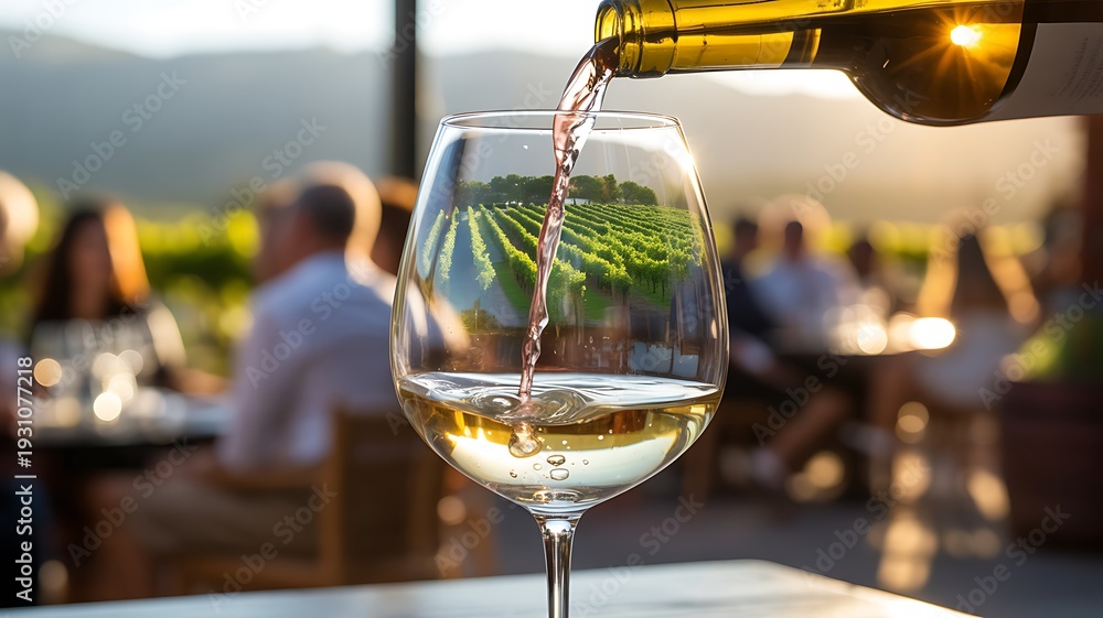 Fototapeta premium Wine pouring glass vineyard reflection sunset
