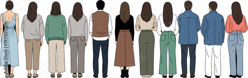 Rear view of a diverse group of men and women standing together in a row flat illustration