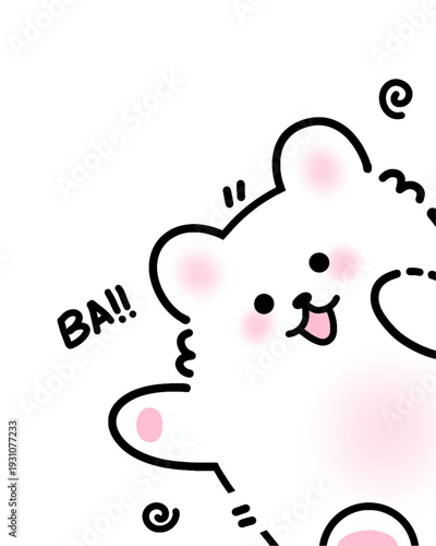 A cute cartoon white dog with pink cheeks is shown. The dog has black outlines and simple features raising its paws and saying ba!! there are also decorative swirls around