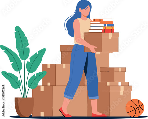 Young woman carrying cardboard box and books while moving home or relocating flat illustration