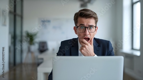 Professional man in modern office looking disappointed while reviewing documents on laptop, with hand on chin, in a clean and well-lit environment