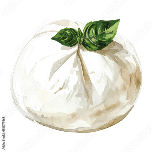 Gourmet Burrata with Fresh Basil Leaves Watercolor Illustration