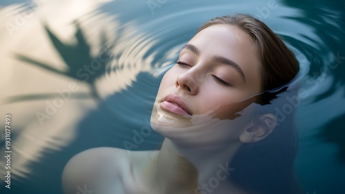 Woman Floating Water Palm Shadow Spa