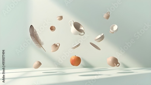 Everyday objects levitating in perfect balance, a playful surreal scene captured in a modern studio setting with clean lighting and high resolution