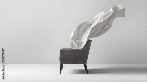 A flowing white cloth drapes elegantly over a modern gray chair, minimalist interior, soft lighting, serene atmosphere, domestic scene, indoor photography