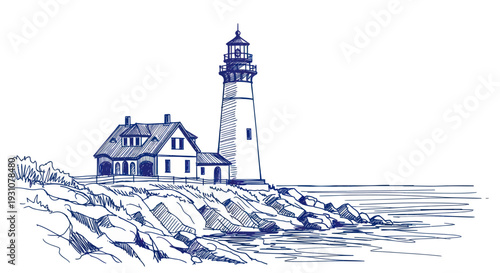 Classic Lighthouse and Keepers House on Rocky Coastline Sketch.