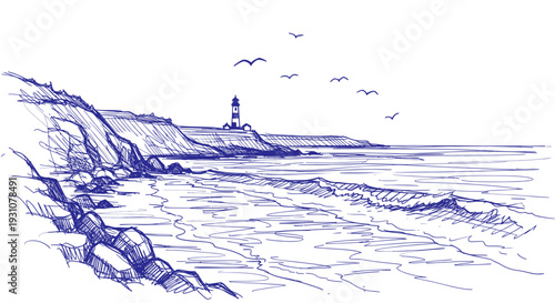 Coastal landscape with lighthouse and ocean waves.
