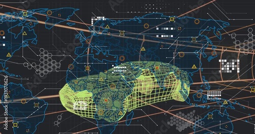 Map overlay appearing, neon wireframe car shifting while HUD icons aligning and pulsing for scan