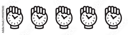 Five black and white hand holding clock icons for various design applications and time management concepts