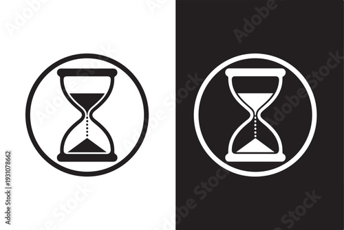 Two contrasting hourglass icons in circles on a split black and white background, symbolizing time