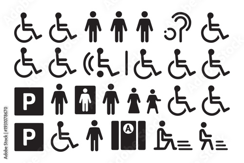 Collection of various black and white disabled person and parking icons for accessibility signage