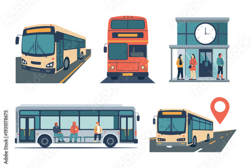 Various bus transportation scenes including different bus types, bus stop, and passengers