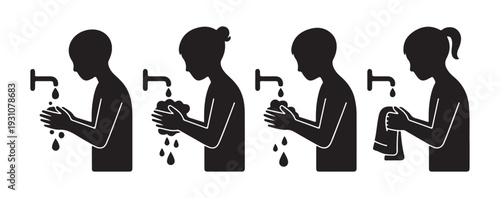 Person washing hands step by step with running water and soap hygiene illustration