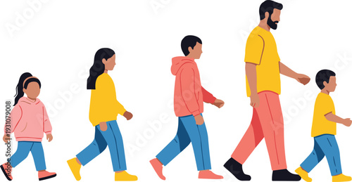 Father and children walking in a line, diverse family group outdoors, flat vector illustration of parenthood and childhood growth
