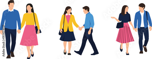 Flat vector illustration of young couples walking together, holding hands, wearing casual colorful outfits, isolated on white background