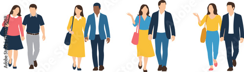 Vector illustration of diverse young couples walking together, featuring stylish men and women in casual and business attire outfits
