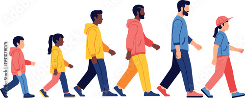 Flat vector illustration of diverse people of different ages and ethnicities walking forward in a progressive line formation