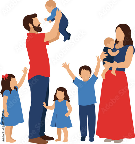 Happy family with five children, parents holding baby, kids in blue and red outfits, joyful domestic life vector illustration