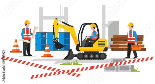 Construction Site with Workers, Excavator, and Safety Cones