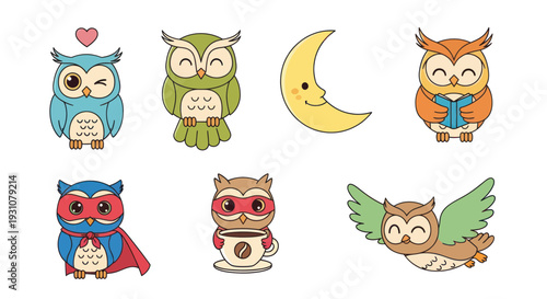 Cute Cartoon Owls Collection: Moon, Reading, Flying, Superhero, Coffee