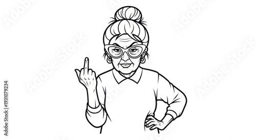Grumpy Grandma Shows Middle Finger, Cartoon Style