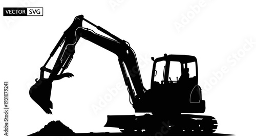 Silhouette of an excavator digging a pile of dirt on a white background