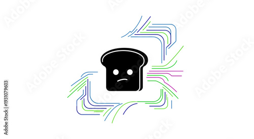 Digital data streams embrace a melancholic bread slice illustration, depicting abstract connection