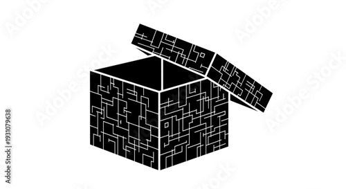 Intricate digital labyrinth box with open lid revealing hidden possibilities futuristic cybernetic
