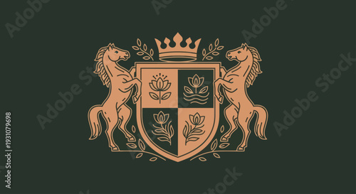 Elegant Golden Crest with Horses and Floral Motifs.