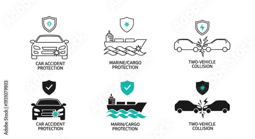 Various vehicle collision and protection icons in multiple views and styles on a clean background, showcasing different scenarios and designs.