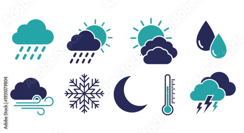 Collection of Weather Icons Depicting Various Conditions Including Rain, Snow, and Temperature on a Clean Background from a Straight-On Viewpoint